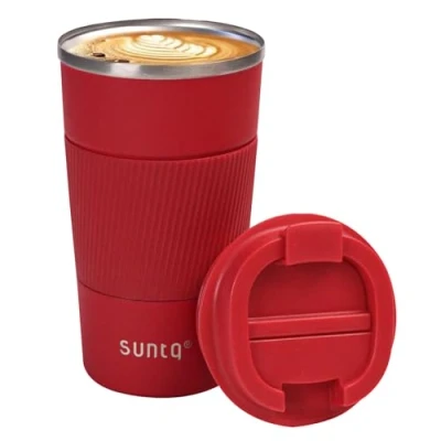 Image of SUNTQ Reusable Coffee Cups Travel 510ml Mug with Leakproof Lid Thermal Insulated Cup Stainless Steel Rubber Grip for Hot and Cold Drinks Red