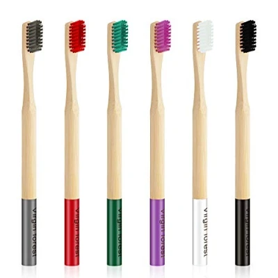 Image of 6 Pcs Biodegradable Bamboo Toothbrush, Natural Eco Friendly BPA Free Toothbrushes, Best Travel Wood Toothbrush Set for Sensitive Gums Multicolour c