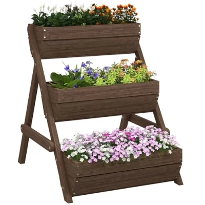 Image of Outsunny 3 Tier 66L Raised Garden Bed Wooden Elevated Planter Box Kit for Flower, Vegetable, Herb, 65 x 75 76cm, Tan