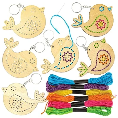 Image of Baker Ross FC722 Bird Wooden Threading Keyring and Bag Dangler Kits Pack of 5, Weaving Kit for Kids, Sewing Crafts Kids