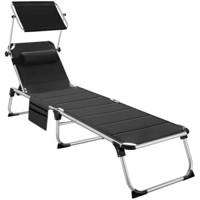Image of TecTake® Folding Sun Lounger with Padding Adjustable 6 Position Backrest &amp; Canopy, Aluminium Frame, Side Pocket Removable Headrest Weather UV Resistant Garden Chair Black