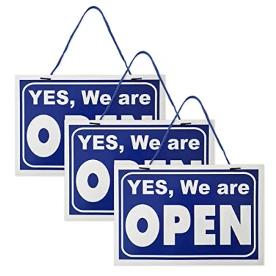 Image of 3 x Open Closed Sign Hanging Reversible High Contrast Blue Shop Double Sided Door Notice