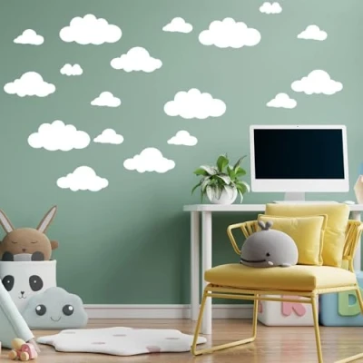 Image of 27 Pcs Large Clouds Wall Decal, Cloud Stickers Murals Vinyl Art Design Decor Mixing Size for Kids Bedroom Mural Baby Nursery Room Wallpaper Decoration Poster