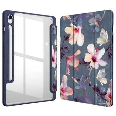 Image of Fintie Hybrid Slim Case for Samsung Galaxy Tab S9 11 Inch 2023 Model (SM X710/X716B/X718U) with S Pen Holder, Shockproof Cover Clear Transparent Back Shell, Auto Wake/Sleep, Blooming Hibiscus