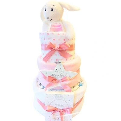 Image of New Baby Girl Gift for Parents &amp; Newborn Gifts 3 Tier Nappy Cake Pink Organic Bunny Hamper Set