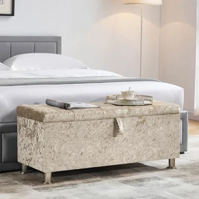 Image of Vida Designs Valencia Storage Ottoman, Fabric Chest with Lid, Seat, Stool, Window Bench, Chest, Toy Box, Pouffee, Footstool, Champagne Velvet