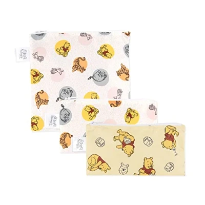 Image of Bumkins Disney Reusable Sandwich and Snack Bags, for Kids School Lunch Adults Portion, Washable Fabric, Waterproof Cloth Zip Bag, Travel Pouch, Food Safe Storage, 3 pk Winnie the Pooh