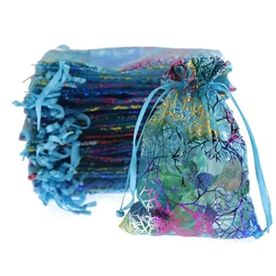 Image of Anjing 100Pcs Coral Pattern Organza Bags Wedding Party Gift Favor Bag Jewelry Pouches Blue