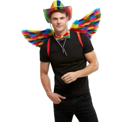 Image of Smiffys Rainbow Feather Wings, Multi Coloured 80cm/31in, Rainbow/Gay Pride Items Fancy Dress, Adult Dress Up Accessories