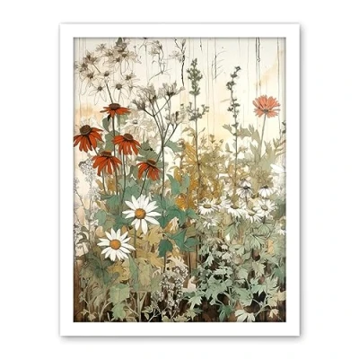 Image of Artery8 Wildflowers Vintage Watercolour Painting Red White Daisy Flowers Spring Field Artwork Framed Wall Art Print 18X24 Inch
