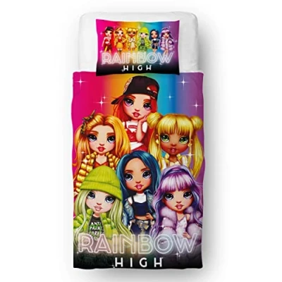 Image of Rainbow High Officially Licensed Single Duvet Cover Set Reversible 2 Sided Glow Design with Matching Pillowcase, Soft and Durable Polycotton