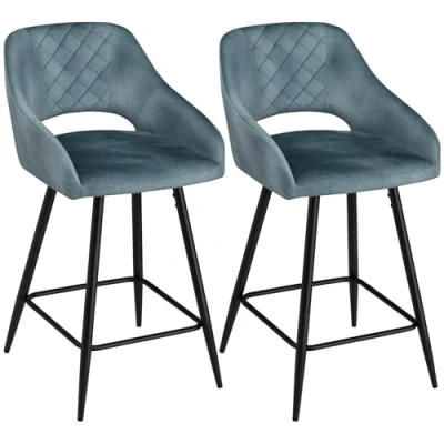Image of HOMCOM Bar Stools Set of 2, Velvet Touch Fabric Counter Height Chairs, Kitchen with Steel Legs for Dining Area, Island Barstools, Blue