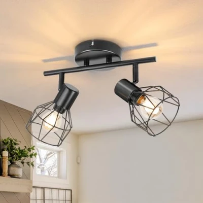 Image of Dehobo Spot Light Fittings for Ceilings Adjustable Metal Wire Cage Kitchen Spotlight with E14 Base Black 2 Way Ceiling Industrial Bedroom Bar Hallway Living Room No Bulb