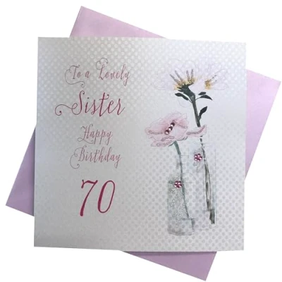 Image of white cotton cards Dandelion, Happy Lovely Sister 70&quot; Handmade 70th Birthday Card, White, bd65 70, 16cm x