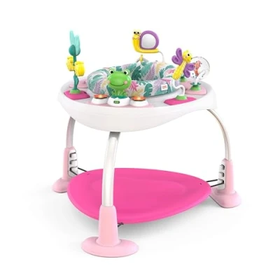 Image of Bright Starts, Bounce Baby 2 in 1 Activity Center Jumper and Table Playful Palms with 7 Interactive Toys, Adjustable Height, Storage Bag, 360 Rotation, Ages 6 Months +, Pink