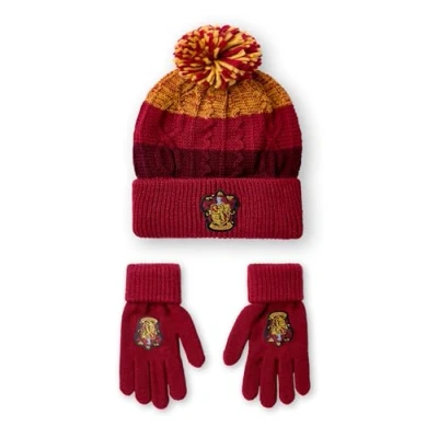 Image of Harry Potter Adults Beanie Hat &amp; Gloves Set Unisex Red Yellow Knitted Winter with Gryffindor Crest One Size Pom Cold Weather for Men Women Wizard Movie Merchandise