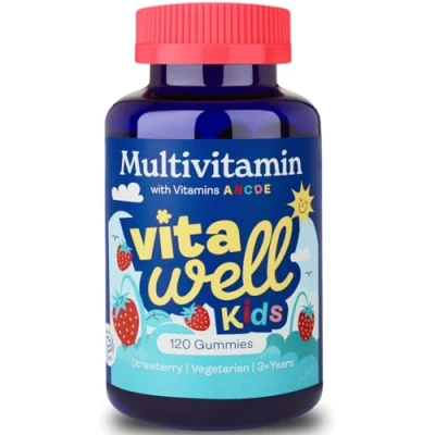 Image of Vitawell Kids Multivitamin Gummies 120 Natural Strawberry Flavour (4 Month Supply) Chewable Chews Vitamin D3, A, E, C, B6, B12 No Artificial Colours, Flavours, Preservatives