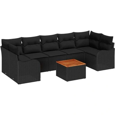 Image of vidaXL 8 Piece Garden Sofa Set with Cushions Black Poly Rattan Acacia