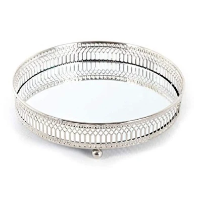 Image of KARRMA Mirror Glass Metal Antique Decorative Candle Plate Display Tray Centerpiece Tray, Perfume TrayTealight (20CM, Silver)