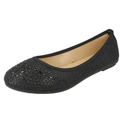 Image of Spot On Ladies Jewel Trim Vamp Ballerinas Black Glitter UK Size 6 EU 39 US 8