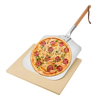Image of Mimiuo Pizza Stone and Peel Set, Square for BBQ Oven Grill, 12 x 14 inch Aluminum Paddle with Long Wooden Handle, 28&quot; Overall