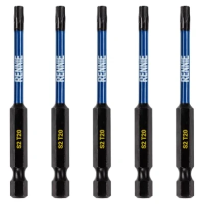 Image of 5 x Rennie Tools 75mm Long T20 TX20 Impact Screwdriver Driver Bits Set. Heavy Duty Magnetic Torx Bit Black Oxide Coated Bits.
