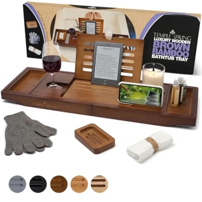 Image of Temple Spring Bath Tray Extendable Caddy for Bathtub with Candle, Wine Glass, Book, iPad &amp; Phone Holders Adjustable Table Over tub w/Bathroom Accessories Wood Brown