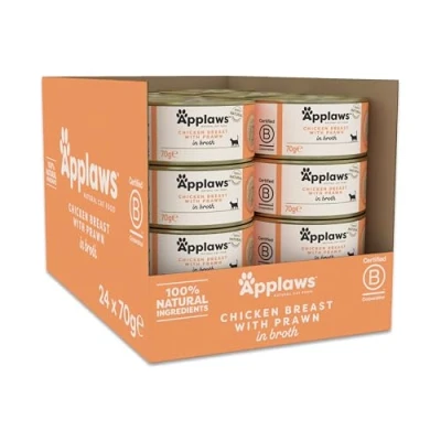 Image of Applaws 100% Natural Wet Cat Food 24 x 70g Chicken Breast with Prawns Tin in Broth