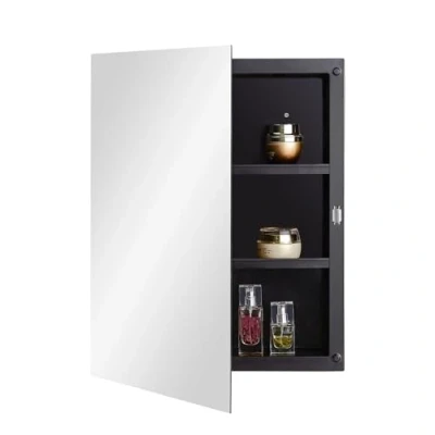 Image of Fundin Black Plastic Mirror Cabinet with Polished Edge Door, Recessed and Surface Mount, 40 x 51 cm
