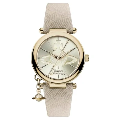 Image of Vivienne Westwood Women&#039;s Orb Pop Quartz Analogue Display Watch with Gold Dial and Cream Leather Strap VV006GDCM