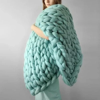 Image of GDJGNUDK Chunky Knit Blanket, Throw Soft Wool Yarn Knitted Blanket Hand Warm &amp; Cozy Couch Bed home Decor Breathable Throw(Blue,100 * 150cm)