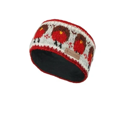 Image of Pachamama Women Wool Ear Warmer Headband Fleece Lined Handknitted Robin Multicoloured One Size Handmade Fair Trade