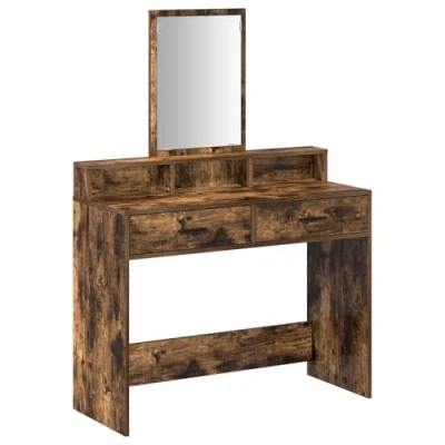Image of vidaXL Smoked Oak Vanity Unit Solid Wood Makeup Dresser with Mirror 4 Drawers Bedroom Storage Solution 100x41x140 cm