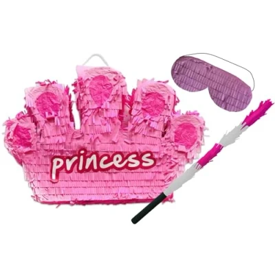 Image of Princess Tiara Crown Pinata for Kids Fill Your Own Party Game Decoration Includes Bashing Stick &amp; Blindfold Fairy Tale Birthday Parties 30cm x 39cm 7.5cm