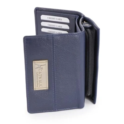 Image of Catwalk Collection Handbags Ladies Medium Leather Purse Women&#039;s Trifold Wallet with 8 Card Slots &amp; Zip Coin Pocket RFID Victoria Blue