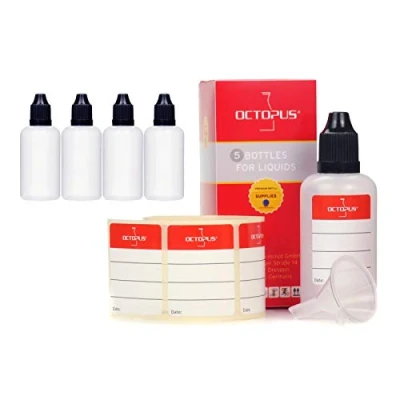 Image of 5 x 50 ml Octopus dropper bottles for dosing liquids, e eye drops, empty LDPE plastic transparent, with black dripping caps, child safety lock, incl. labels