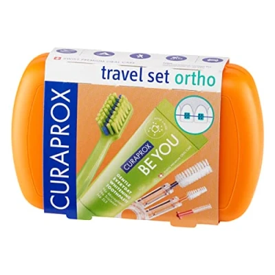 Image of Curaprox Travel Set Ortho Orange, Toothbrush, interdental Brush, Toothpaste 10ml, Box