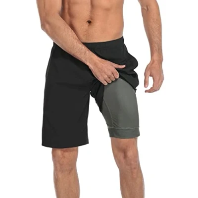Image of LRD Men&#039;s Swim Trunks with Compression Liner 9 Inch Inseam Quick Dry Board Short, Black / Gray, XXL