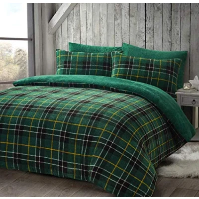 Image of click2style Tartan Teddy Fleece Extra Plush Duvet Cover Bedding Set Quilt With Pillow Cases (Tartan Green, Single)