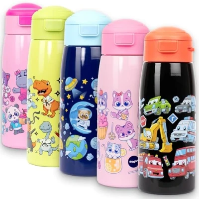 Image of Fringoo Toddler Water Bottle with Straw 350ml Stainless Steel Bottle,Insulated Double Wall, 100% Leak Proof and Lockable, Carry Handle, 12hr temp control, Black Red Cars Design