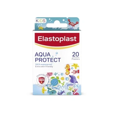Image of Elastoplast Aqua Protect Kids Plasters (20 Strips), 100% Waterproof and Flexible with Colourful Marine Designs for Minor Wounds, Children