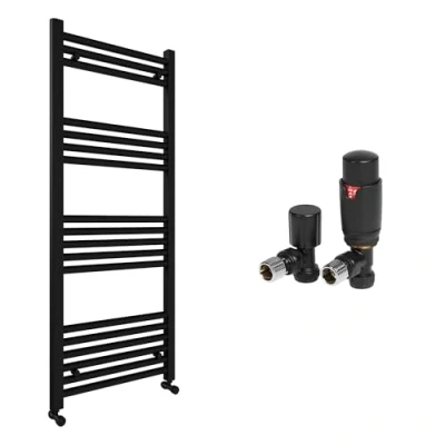 Image of Matt Black Bathroom Straight Heated Towel Rail Radiator 300 x 1200 &amp; Angled Thermostatic Valves