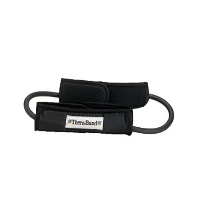 Image of THERABAND Resistance Tubes, Professional Latex Elastic Tubing with Handles For Physical Therapy, Lower Pilates, At Home Workouts, Rehab, 12 Inch, Padded Cuffs, Black