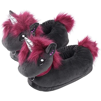 Image of EU One Size 44 48, Cool Plush Slippers, Ruby the Punk Unicorn, Funny Unicorn Slippers for Adults, Cuddly Gothic Animal Anthracite Purple