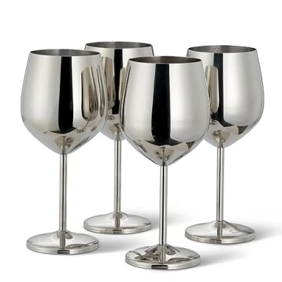 Image of Oak &amp; Steel 4 Elegant Stainless Silver Wine Glasses, 500ml Unbreakable Goblet Glass Gift Set, for Weddings, Anniversary, Birthday Party