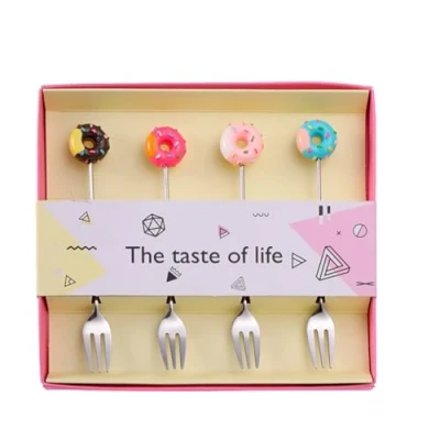 Image of Stainless Steel Dessert Forks and Spoons Set, Pastry Forks, Cake Soup Spoons, Cute Donut Coffee Tea for Stirring Sugar