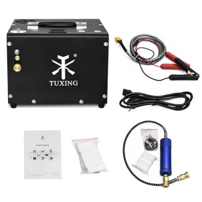 Image of TUXING PCP Air Compressor,Auto shutoff 4500Psi/30Mpa Oil/Water Free Set Pressure Gun and Paintball Tank Pump with Water/Oil Separator,Built in Power Adapter(220V AC or 12V Car Battery) Black