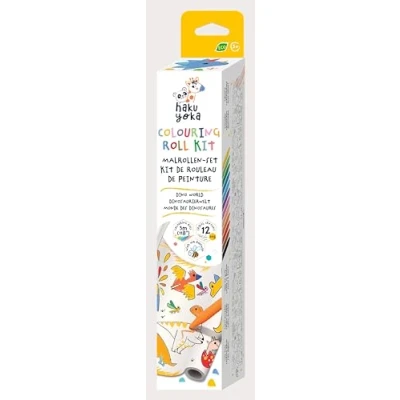 Image of Haku Yoka Wax Crayon &amp; Dinosaur 3 Metre Colouring Roll, 12 Easy to Hold Colourful Crayons with Self Adhesive Painting Template, for Children from Years