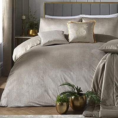 Image of Laurence Llewelyn Bowen Linen Beige Velvet Duvet Cover Set King Bedding Size (230 x 220cm) 2 Pillowcases Soft Touch Designer Pearl Luxury in