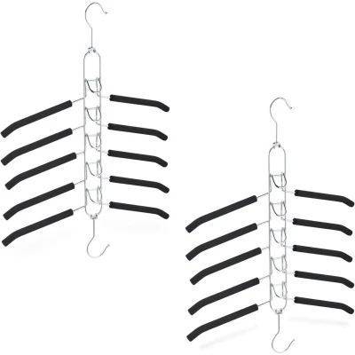 Image of Relaxdays Set of 2 Space Saving Multiple Clothes Hangers, 5 Slots each, Vertical &amp; Horizontal, Non Slip, Black/Silver, Iron, 54 x 39.5 2.5 cm